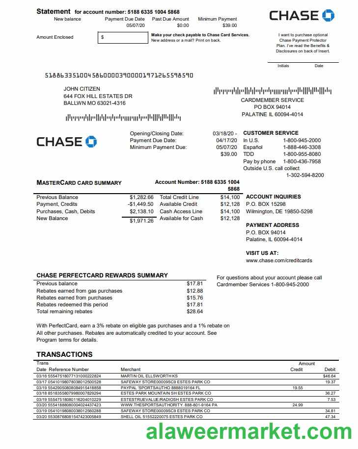 USA Chase bank Mastercard card statement easy to fill template in Word and PDF format